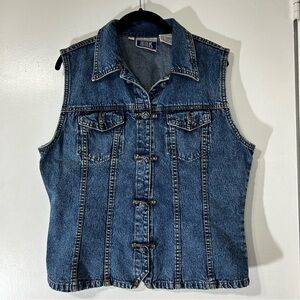Vintage Bill Blass Jean Vest Distressed Med Wash Denim Frog Closures Size Large
